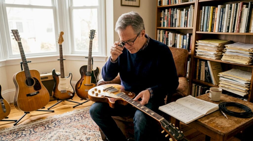Man examining vintage guitar in sunlit living room