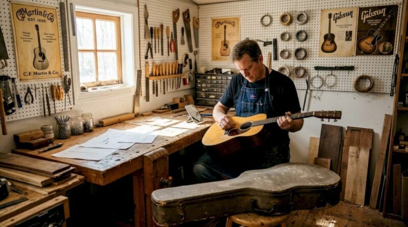 Luthier examining vintage Martin guitar