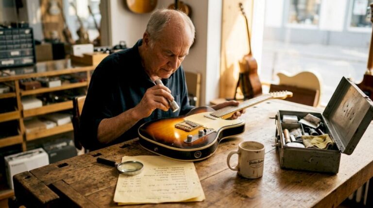 Ein Fachmann begutachtet eine Vintage-Gitarre im Musikgeschäft.