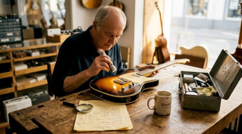 Ein Fachmann begutachtet eine Vintage-Gitarre im Musikgeschäft.