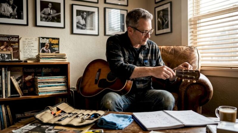 Guitar expert inspects vintage acoustic guitar