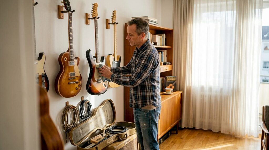 Ein Liebhaber bringt seine Sammlung seltener Vintage-Gitarren auf Vordermann.