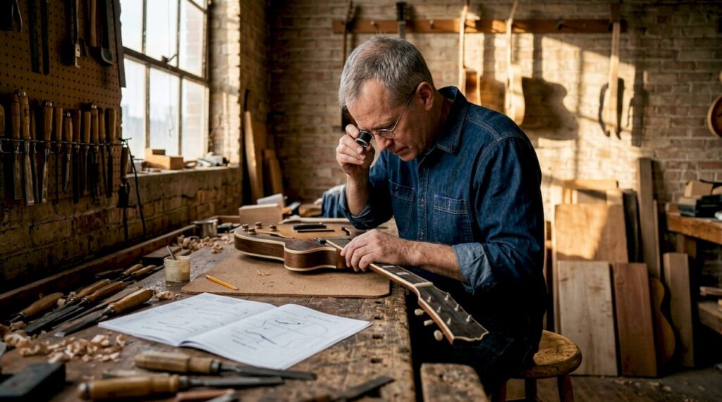 Craftsman inspecting vintage guitar at workshop bench