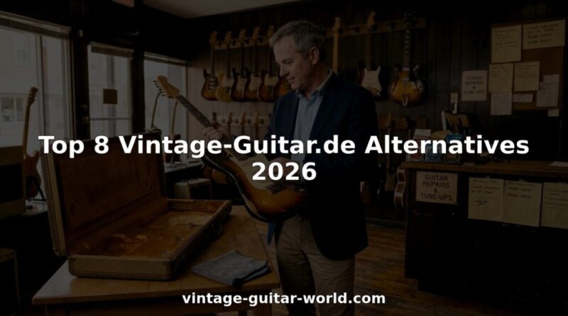 Man examining vintage guitar in cozy shop
