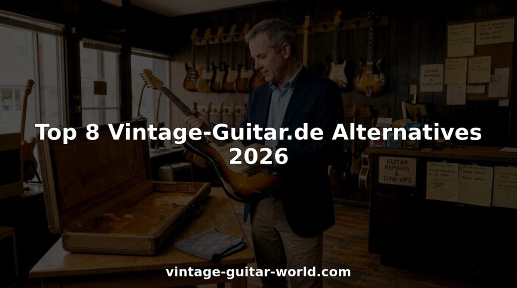 Man examining vintage guitar in cozy shop