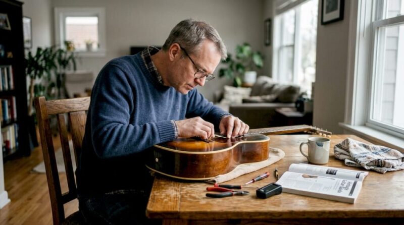 Ein Mann prüft eine alte Gitarre, um festzustellen, ob sie wirklich original ist.
