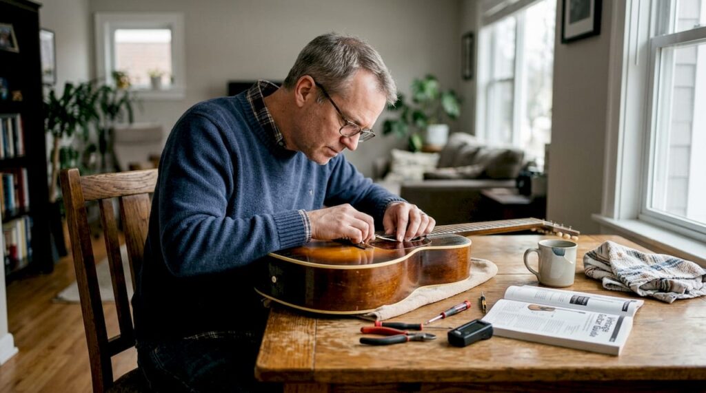 Ein Mann prüft eine alte Gitarre, um festzustellen, ob sie wirklich original ist.