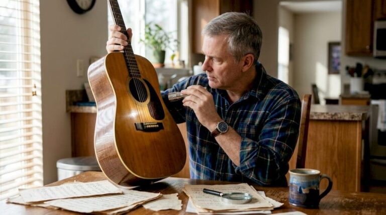 Collector inspecting handcrafted guitar at home