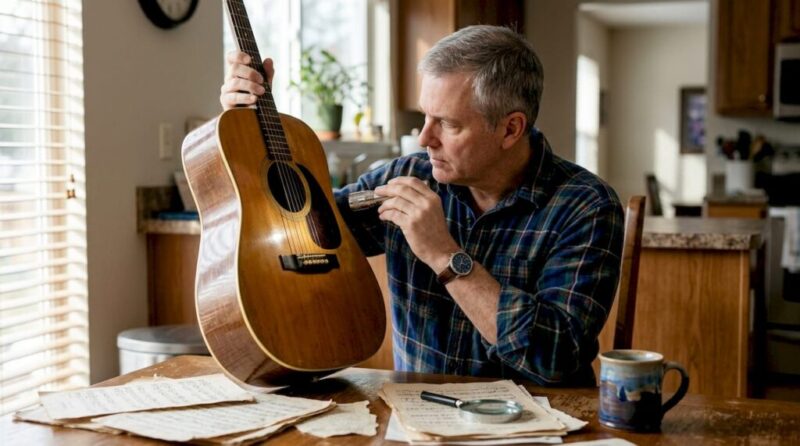 Collector inspecting handcrafted guitar at home