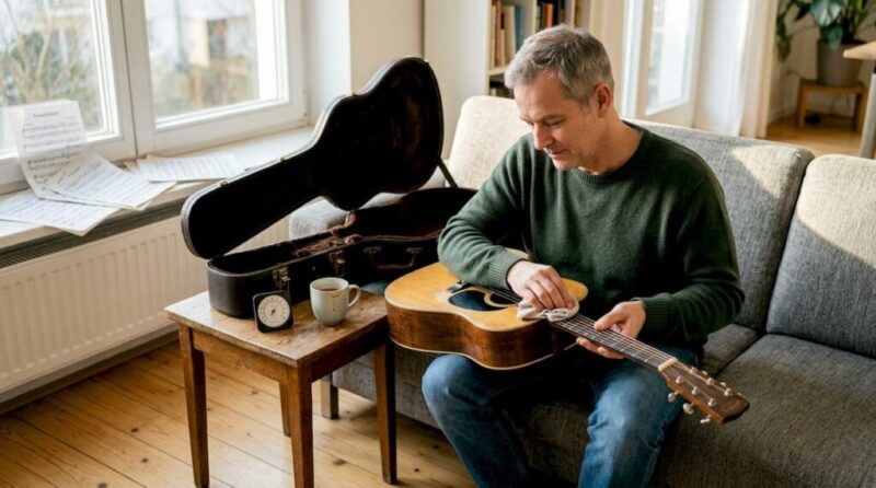 Im Wohnzimmer kümmert sich ein Mann liebevoll um seine Akustikgitarre.