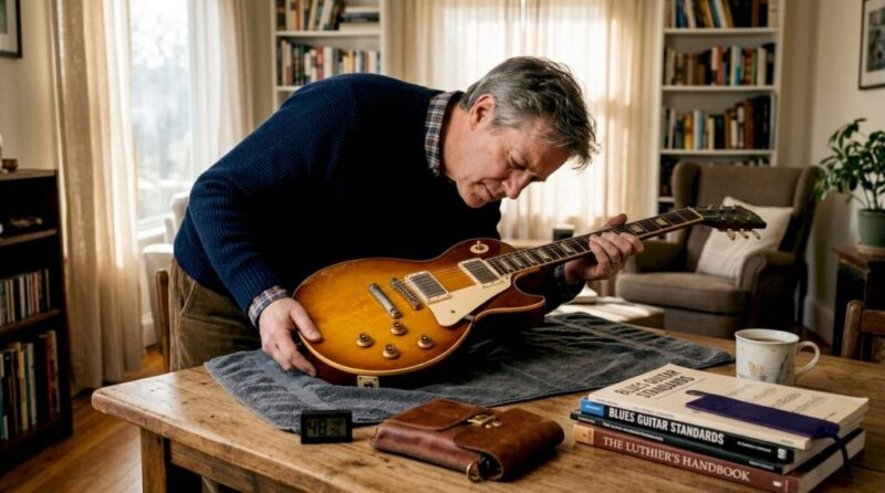 Man inspecting vintage guitar at home