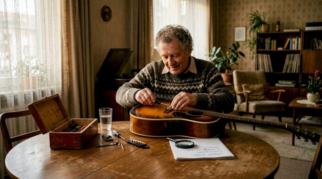 Ein Mann begutachtet seine Vintage-Gitarre am Wohnzimmertisch.