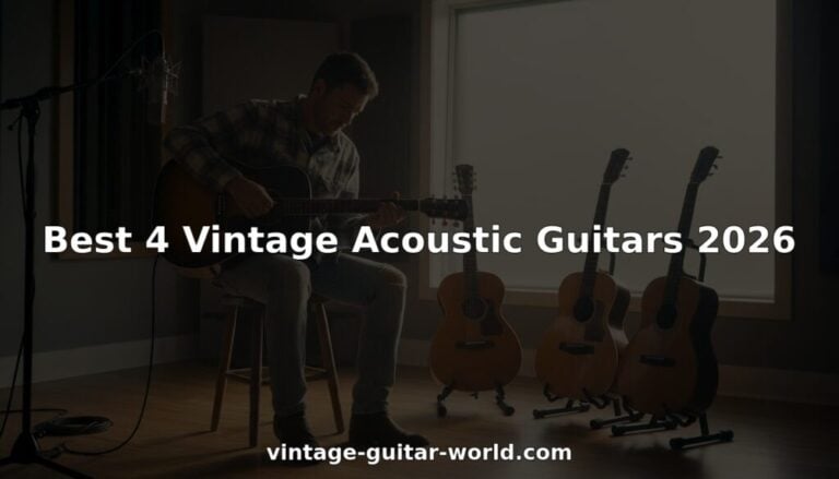 Technician tuning vintage acoustic guitar in studio