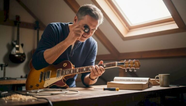 Collector inspecting vintage guitar at attic workbench