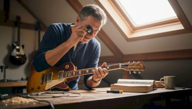 Collector inspecting vintage guitar at attic workbench