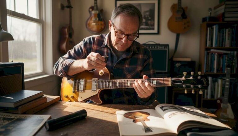 Collector inspecting vintage Les Paul guitar