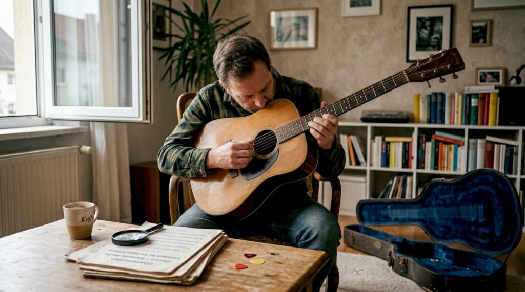 Ein Mann begutachtet zu Hause eine alte Gitarre und nimmt jedes Detail genau unter die Lupe.