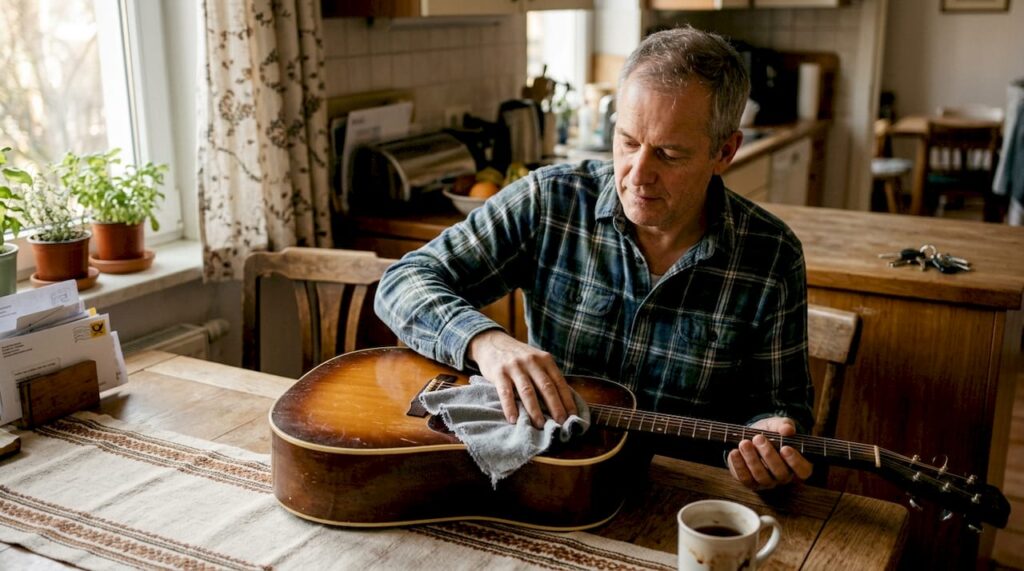 Ein Mann sitzt am Küchentisch und poliert liebevoll seine alte Gitarre.