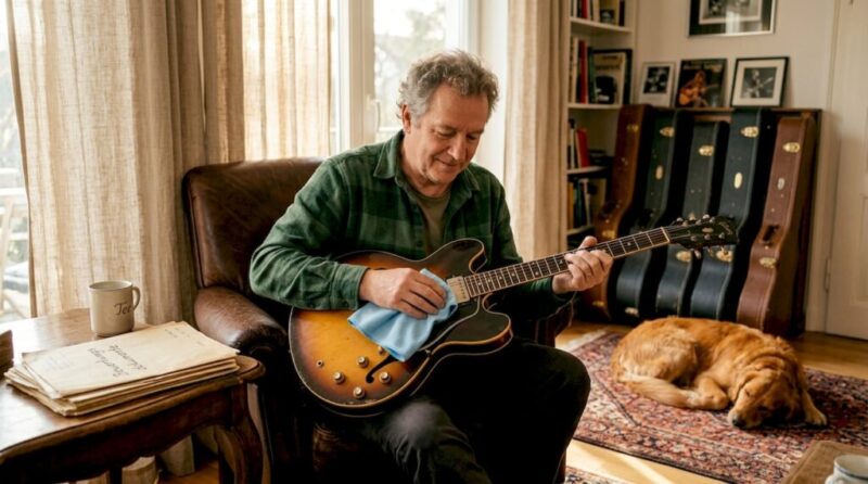 Ein leidenschaftlicher Gitarrensammler bringt im heimischen Wohnzimmer eine alte Vintage-Gitarre wieder auf Hochglanz.
