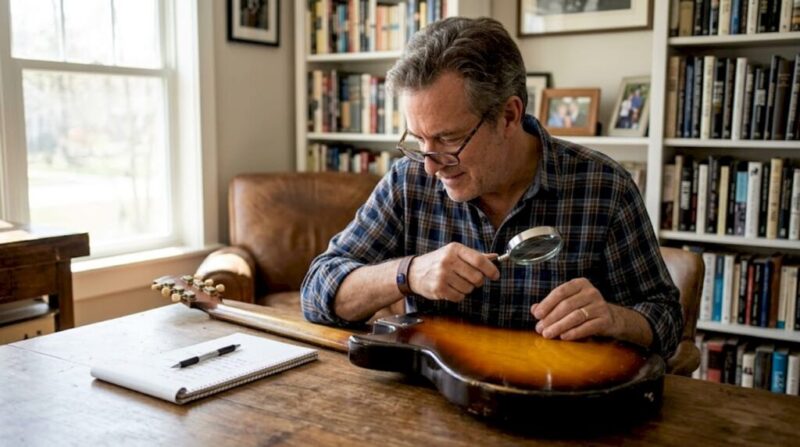 Collector inspecting vintage electric guitar
