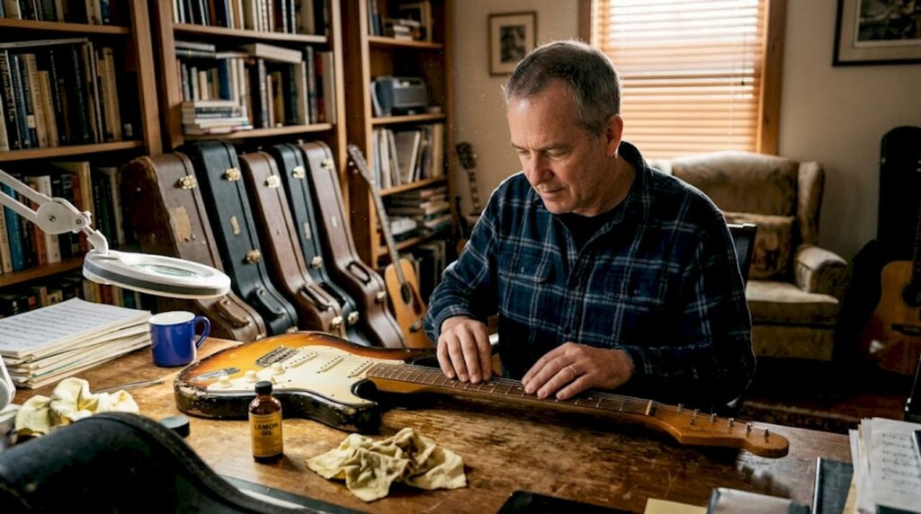 Collector inspecting vintage guitar in home study