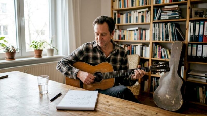 Ein Sammler begutachtet eine alte Gitarre in seinem Wohnzimmer.