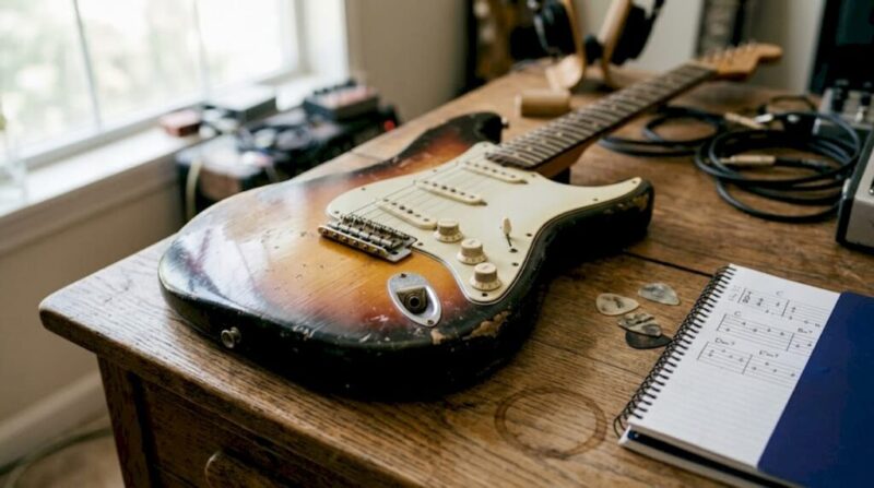 Vintage guitar showing natural patina and wear