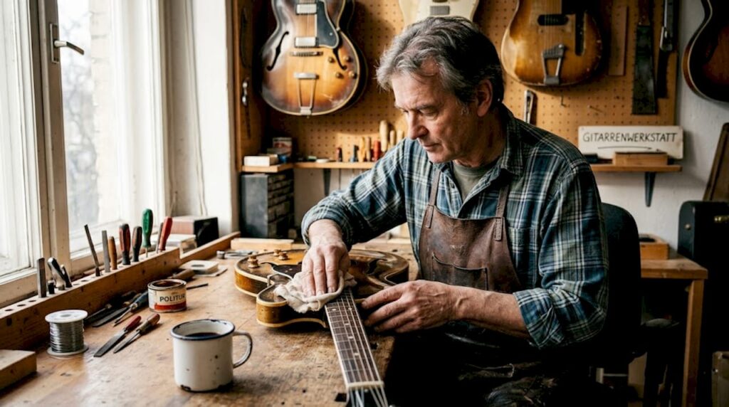 Ein Fachmann bringt eine seltene, alte E-Gitarre wieder auf Hochglanz.