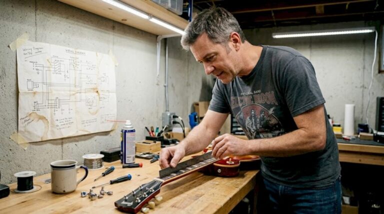 Guitar technician inspecting reissue model