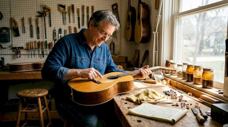 Luthier examining vintage guitar in workshop