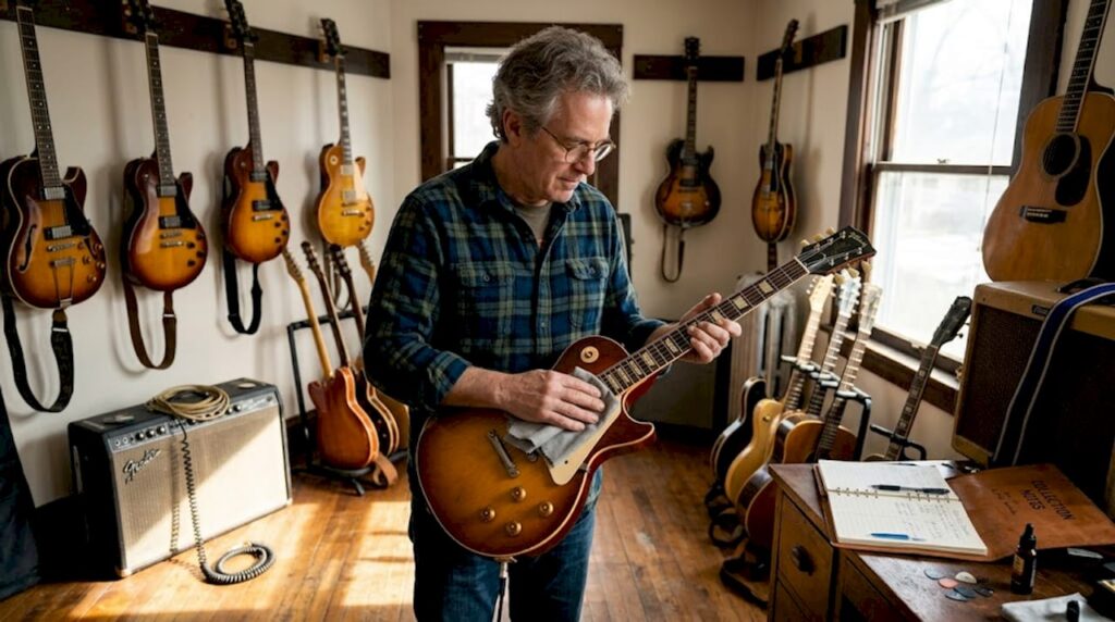 Collector inspects rare custom guitars in studio