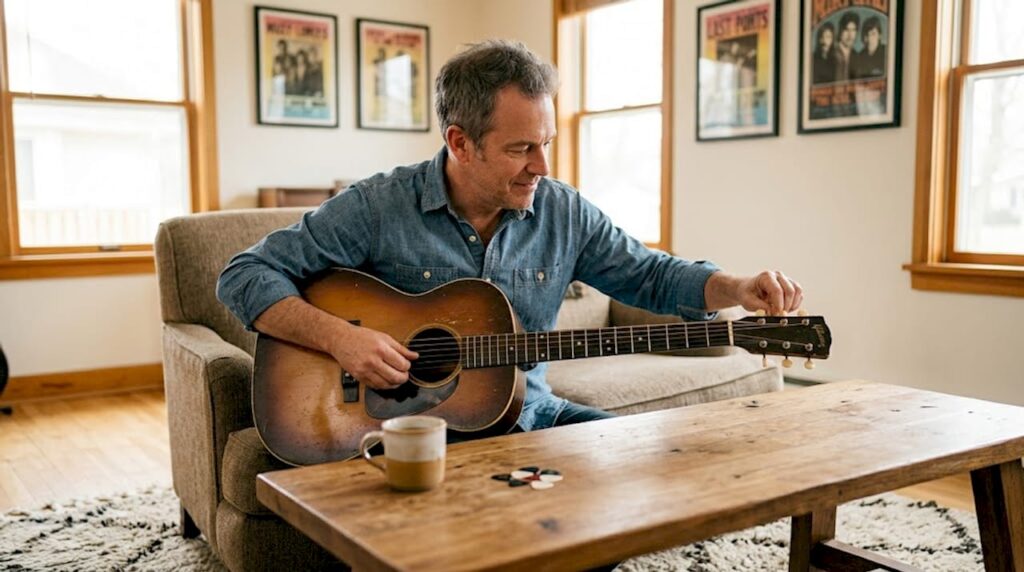 Ein Mann begutachtet in seinem Wohnzimmer eine alte Akustikgitarre.