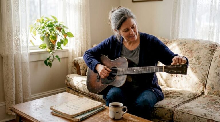 Woman tuning parlor guitar in cozy living room