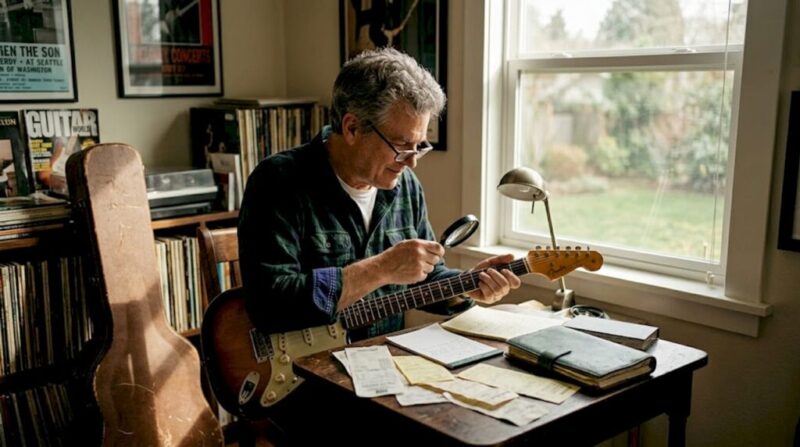 Guitar collector examining vintage instrument