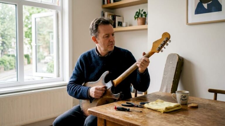 Am Wohnzimmertisch begutachtet ein Mann eine alte Gitarre.