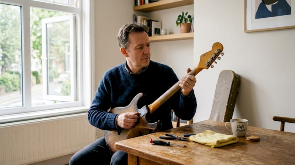 Am Wohnzimmertisch begutachtet ein Mann eine alte Gitarre.