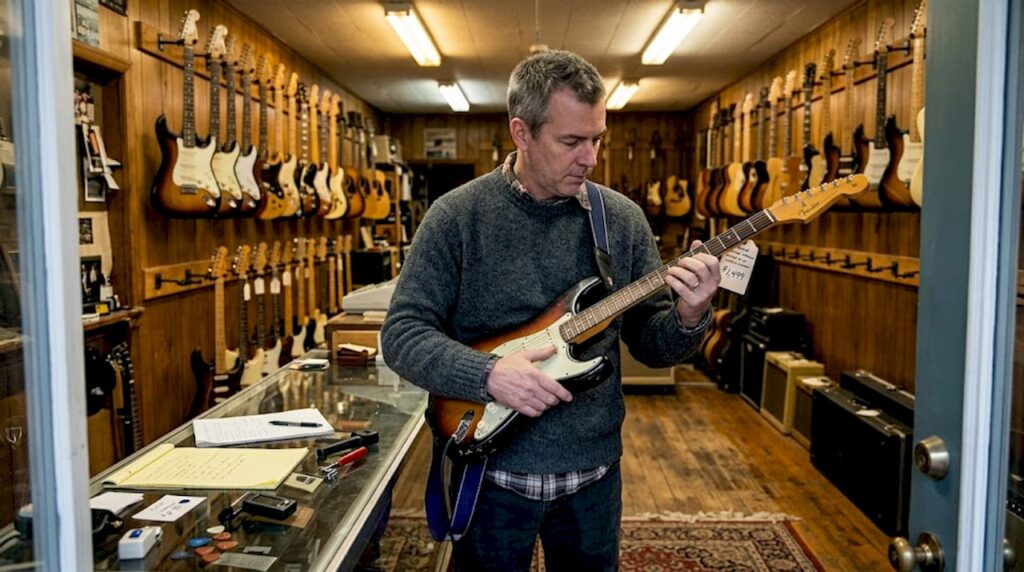 Dealer examines guitar in vintage shop