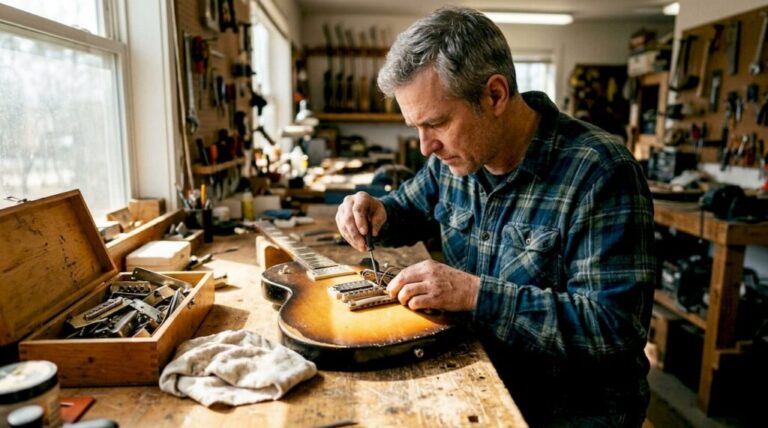 Ein Gitarrenbauer nimmt eine alte Vintage-Gitarre genau unter die Lupe, um festzustellen, ob noch alle Bauteile original sind.