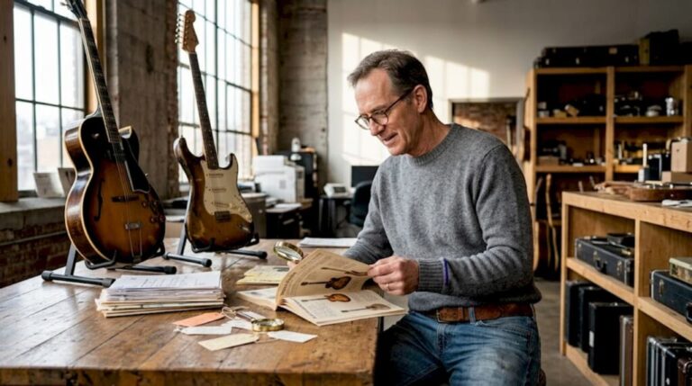 Auction specialist reviewing vintage guitar catalog