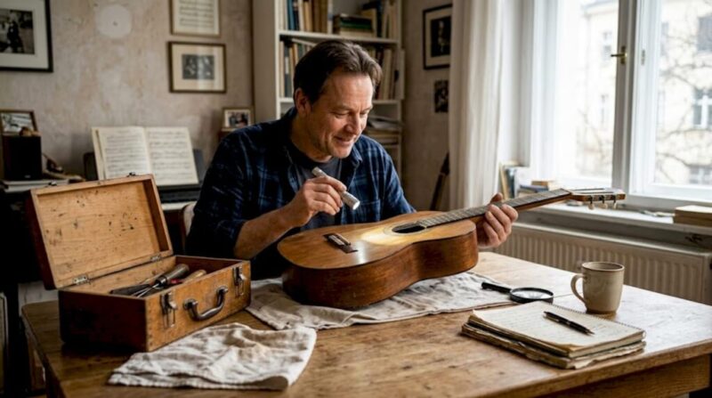 Ein Gitarrenliebhaber begutachtet eine alte Gitarre, die auf dem Tisch liegt.