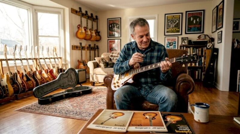 Collector examining vintage guitar in home studio