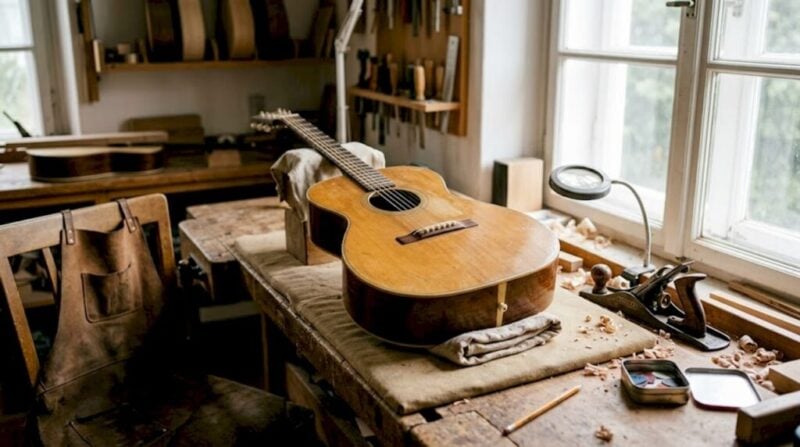 Eine alte E-Gitarre liegt auf der Werkbank und wartet darauf, wieder zum Leben erweckt zu werden.