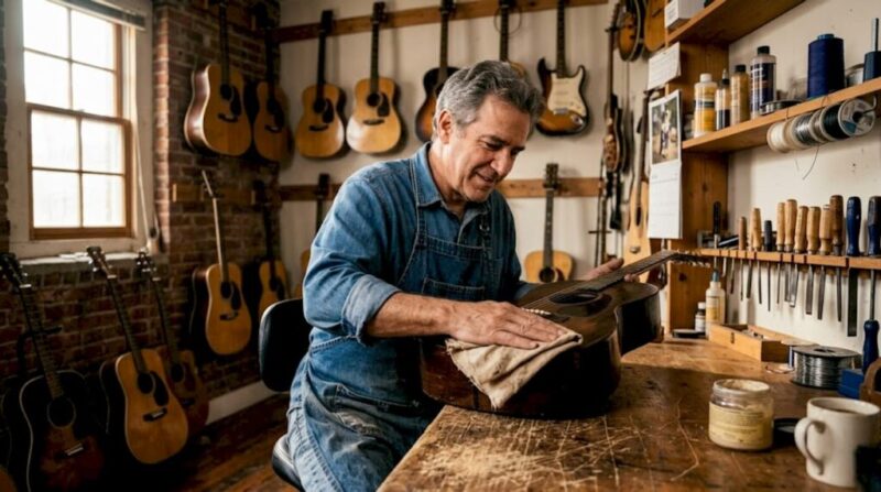 Luthier polishing vintage Martin acoustic guitar