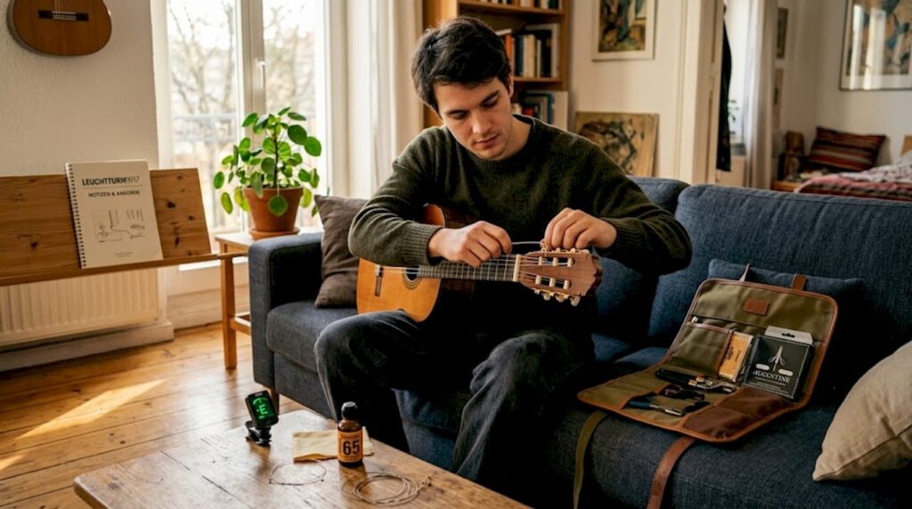 Im Wohnzimmer macht sich der Gitarrist daran, neue Saiten aufzuziehen.