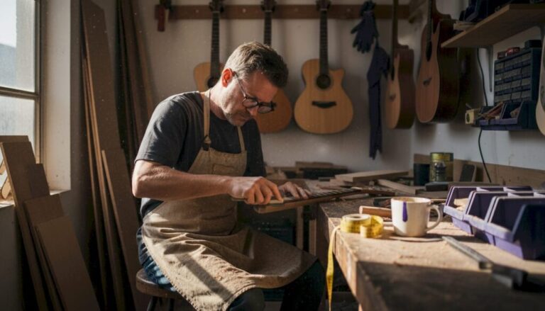 Luthier sanding guitar neck in workshop