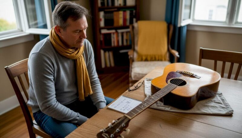 Ein Mann begutachtet seine alte Gitarre am Wohnzimmertisch.