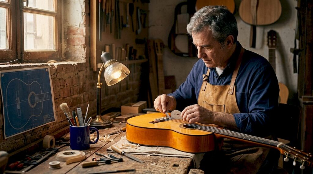 Luthier adjusting flamenco guitar in workshop