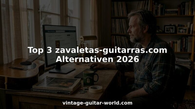 Ein Sammler stöbert zu Hause in alten Unterlagen und Büchern, um mehr über Vintage-Gitarren herauszufinden.