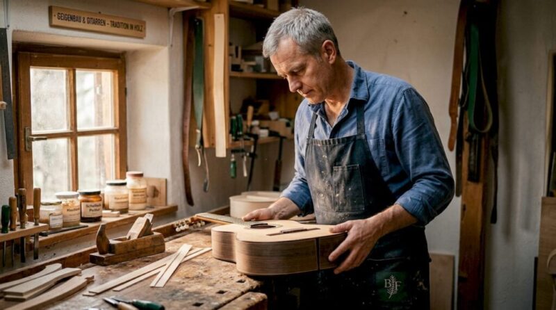 In seiner Werkstatt nimmt der Gitarrenbauer das Instrument genau unter die Lupe und überprüft sorgfältig jede einzelne Komponente.