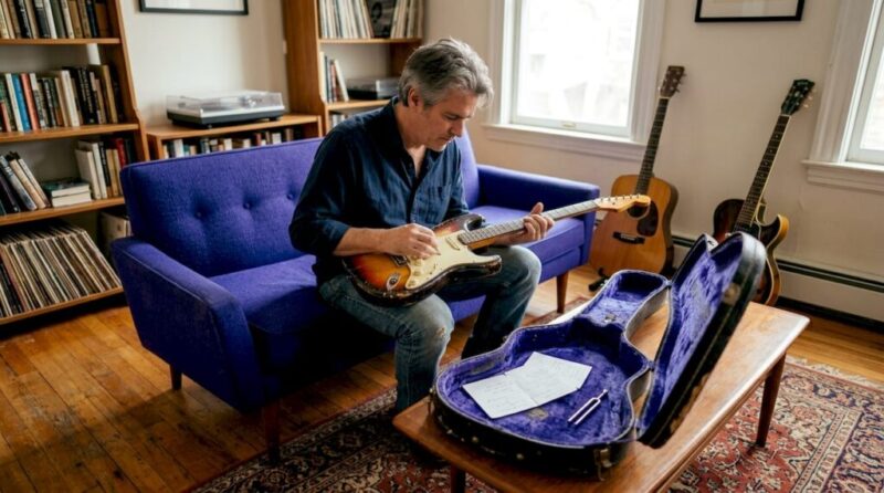 Guitarist inspecting a vintage electric guitar